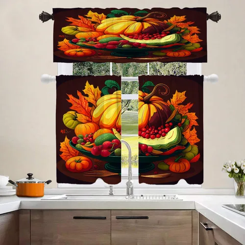 Vista 523 de Shrahala Orange Autumn Autumn Blackout Curtain Tiers, Fall Kitchen Valance Light Blocking Tier Drapes with Rod Pocket, 2 Pack 26 X 24 in