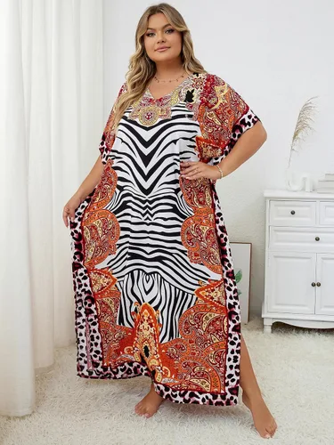 Vista 4 de Vestido de caftán de leopardo para mujer, cuello en V, manga murciélago, estampado de flores de animales, caftán 1066