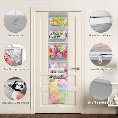 Vista 7 de Woodoulogy Almacenamiento de juguetes colgantes sobre la puerta, organizador de animales de peluche en bloques con 4 bolsas de estuche extraíbles