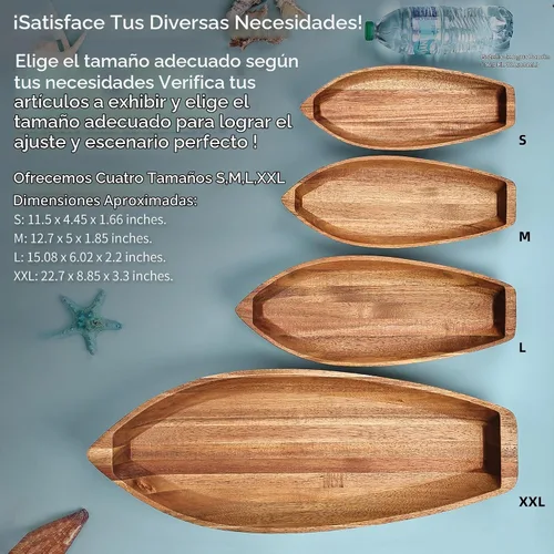 Vista 5 de Bandeja para servir Barco de la Suerte, plato de madera maciza de acacia con forma interesante para servir postres, frutas, aperitivos y ornamento