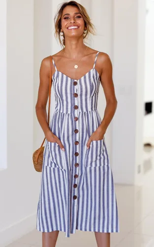 Vista 59 de Angashion - Vestido floral de verano estilo bohemio para mujer, con botones, bolsillos y tiras ajustables