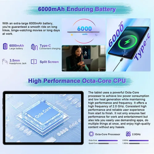 Vista 5 de Tableta 2025 con Android 15 de 10 pulgadas con teclado de 30 GB de RAM 64 GB ROM, tableta 2 en 1 Octa-Core con Gemini AI, WiFi 5G, 6000 mAh