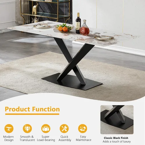 Vista 4 de Juego de mesa de comedor de mármol blanco de lujo para 6, 70 pulgadas, mesa de comedor de mármol blanco con 6 sillas de terciopelo verde y base