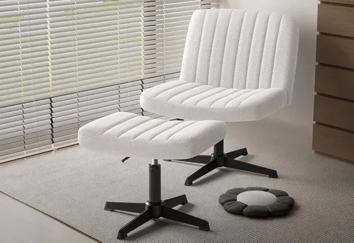 Vista 2 de Shahoo Silla de patas cruzadas con otomana, giratoria sin brazos, ancha, acolchada, moderna, altura ajustable, tela para oficina en casa, color beige
