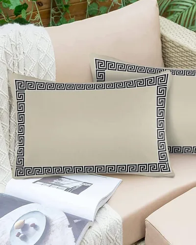 Vista 13 de Fundas de almohada modernas geométricas impermeables para exteriores, diseño abstracto de clave griega, color negro, blanco, fundas de cojín Beige