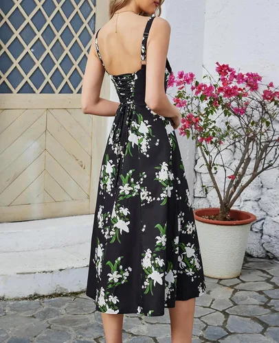 Vista 3 de Vestido midi floral con corsé, bohemio, con abertura fluida, con cordones, para mujer, para salir, acampanado, vestido casual