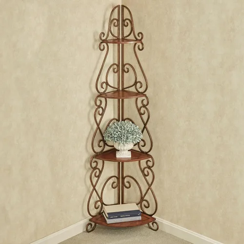 Vista 2 de Touch of Class Meyda Scrolling Corner Shelf Etagere Madera de cerezo natural, marco de metal con acabado de bronce, estante de esquina que ahorra