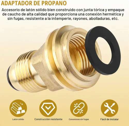 Vista 4 de Adaptador de propano POL a QCC1, adaptador de tanque de propano de latón que convierte la válvula de servicio de tanque POL LP a manguera