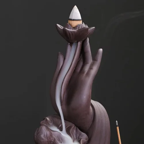 Vista 3 de Quemador de incienso de mano de Buda de cerámica para interiores, soporte de incienso de cascada de humo creativo Lotus para aromaterapia, adorno