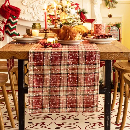 Vista 15 de Camino de mesa de Navidad a cuadros beige, caminos de mesa de vacaciones de invierno de 72 pulgadas de largo, decoraciones de Navidad para Cuadros