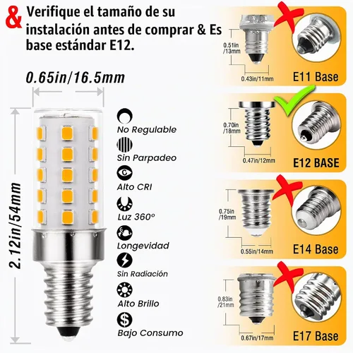 Vista 3 de ALIDE Bombillas LED E12 equivalentes a 40 vatios, 2700 K blanco cálido, bombilla LED E12 T6 C7 de 4 W para ventilador de techo, lámpara colgante