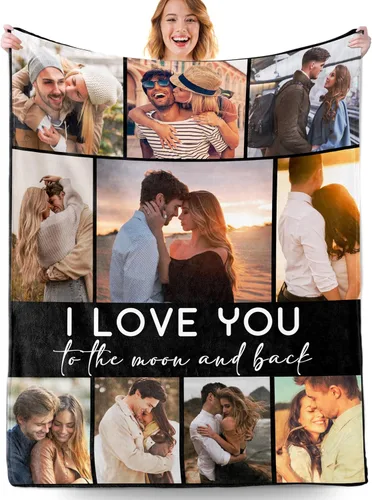 Vista 13 de Manta personalizada con fotos, manta personalizada con fotos con texto en inglés "I Love You", regalo de cumpleaños para novia, novio, esposa
