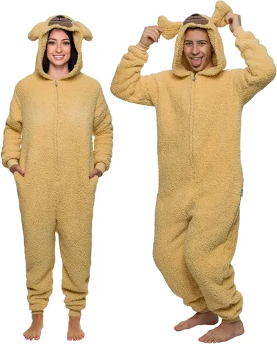 Vista 37 de Funziez! Mameluco de sherpa ajustado para adultos, disfraz de Halloween de animales, traje de cosplay de una pieza de felpa para mujeres y hombres