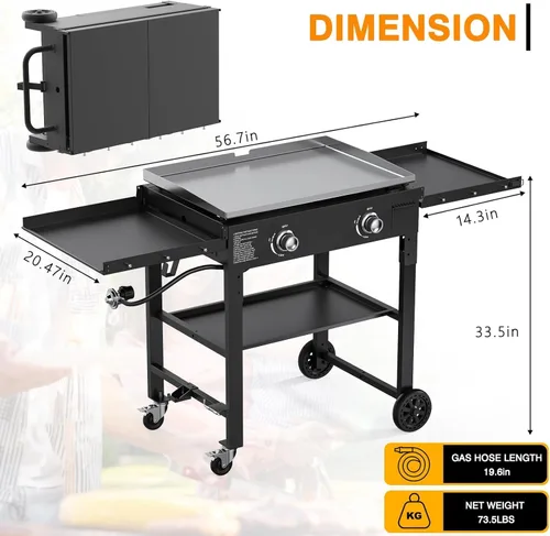 Vista 7 de Parrilla plegable de 2 quemadores de gas, parrilla de propano desmontable de acero inoxidable de 28 pulgadas, parrilla de barbacoa plana de 30,000