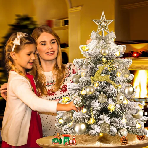 Vista 3 de KOIUEYW Mini árbol de Navidad preiluminado, pequeño árbol de Navidad artificial con luces, decoración preiluminada para mesa, hogar, cafetería