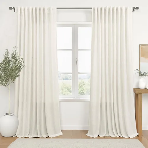Vista 70 de Cortinas rústicas color beige tostado de 42 x 84 pulgadas de largo para sala de estar, juego de 2 paneles transparentes de lino natural, imitación