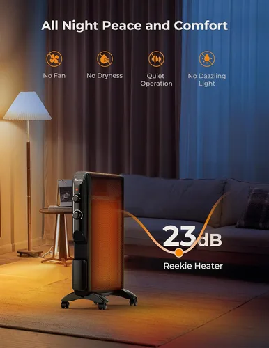 Vista 4 de Reekie Calentador de Espacio Eléctrico para Uso en Interiores 1500W, Calentador de Habitación Grande con Termostato, 2 Configuraciones de Calor