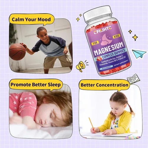 Vista 4 de Gomitas de magnesio y glicinato de magnesio para niños, suplemento con zinc, manzanilla, omega-3, vitamina B6, D3, para dormir, relajación, cerebro