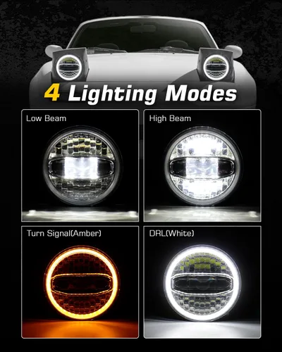 Vista 2 de H6024 Faros LED de 7 pulgadas redondos con halo compatibles con Jeep Wrangler JK JKU 2007-2017, H1 H2, Miata, haz alto/bajo DRL, señal de giro, Negro