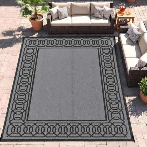 Vista 32 de Outsunny Alfombra de exterior para patio impermeable 9' x 18' rombo negro y Borde rombo negro y gris