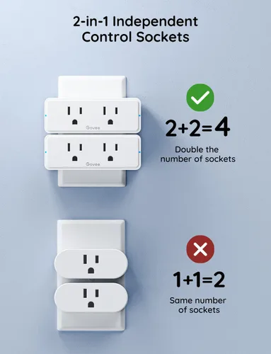 Vista 3 de Govee Paquete de 2 enchufes inteligentes duales, toma Bluetooth WiFi de 15 A, funciona con Alexa y Google Assistant, diseño compacto 2 en 1, control
