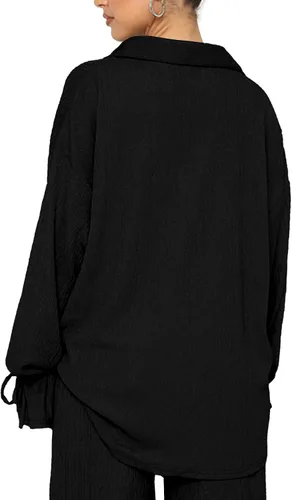 Vista 2 de LYANER Conjunto de 2 piezas para mujer, camisa de manga larga con botones y pantalones de pierna ancha