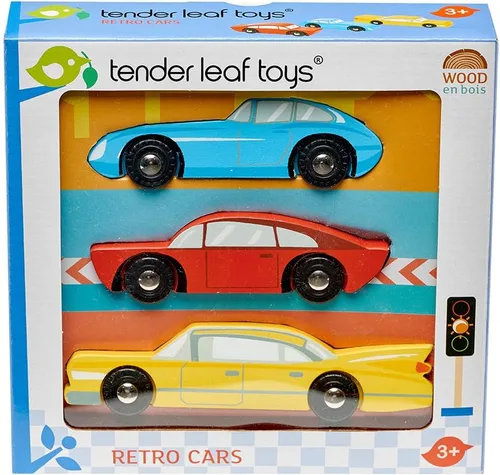 Vista 2 de Tender Leaf Toys - Retro Cars - Juego de tres autos vintage de madera maciza fabricados con materiales de primera calidad - Fomenta el juego