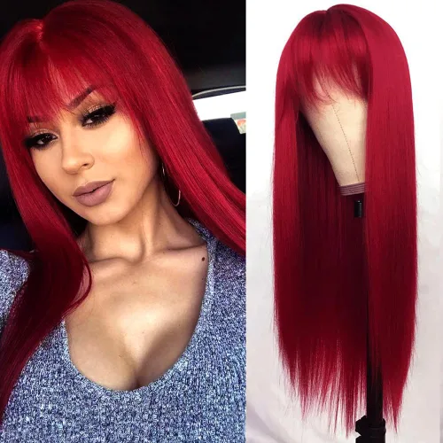 Vista 21 de QD-Tizer Pelucas sintéticas de color rubio ceniza con flequillo, pelucas de cabello largo y lacio, sin pegamento, pelucas sintéticas sin encaje