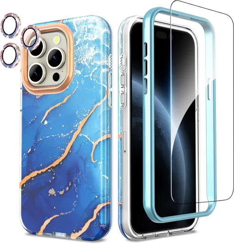 Vista 8 de SHEDEER Funda para iPhone 15 Pro con protector de cámara con purpurina y protector de pantalla, patrón elegante y antiamarillamiento, protección
