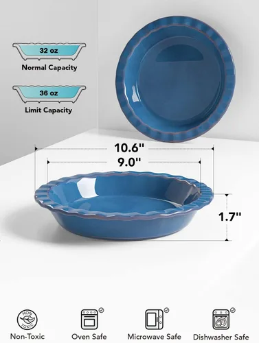 Vista 5 de LE TAUCI Plato de cerámica para hornear, molde de pastel de 9 pulgadas para pastel de manzana, pastel de nueces, plato de pastel de 36 onzas, juego