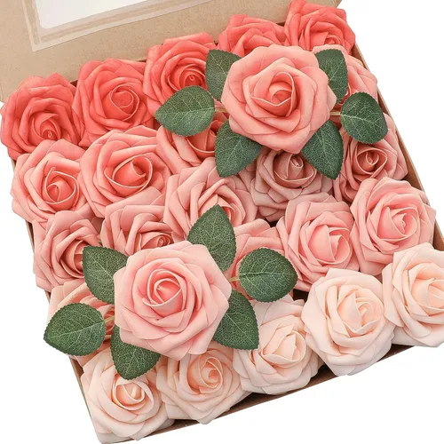 Vista 11 de Floroom Flores artificiales, 25 piezas de rosas falsas de espuma de color verde azulado de aspecto real con tallos para bricolaje, ramos de boda