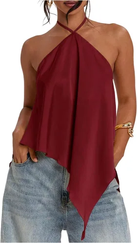 Vista 7 de Verdusa Top halter asimétrico de satén para mujer Amarillo claro