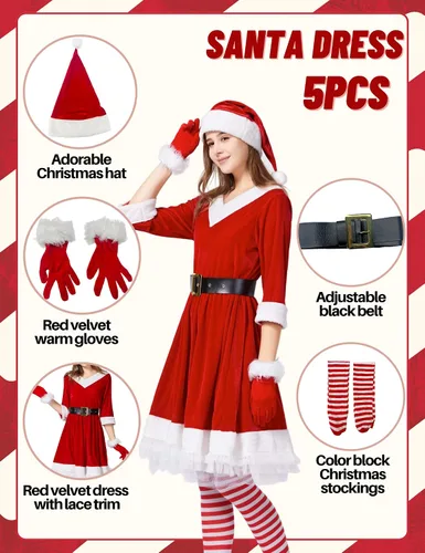 Vista 4 de Kofero Disfraz de Sra. Claus para mujer, disfraz de Papá Noel para adultos, talla grande, 5 piezas, traje de cosplay rojo, fiesta de Navidad