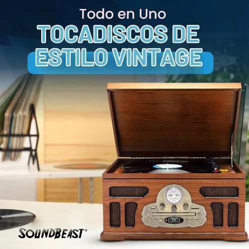Vista 2 de SoundBeast Tocadiscos todo en uno con reproductor de discos de 3 velocidades, Bluetooth, CD, cinta de casete, radio AM/FM, USB, bocinas integradas