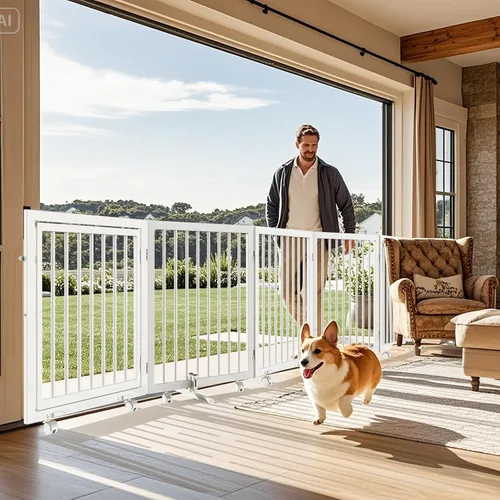 Vista 7 de SLSY Corralito transformable 6 en 1 para perros con 2 tablas base de madera, valla de metal resistente de 30 pulgadas con puerta, corral