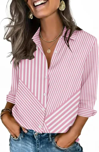 Vista 19 de Zeagoo Camisas con botones para mujer, manga 3/4, cuello en V, blusas con cuello en V, trajes casuales de negocios