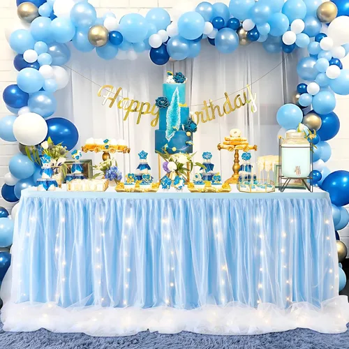 Vista 7 de Leegleri Falda de mesa de tul azul bebé con tutú y LED para baby shower, bodas, fiestas de cumpleaños - 15 pies para mesas rectangulares o redondas