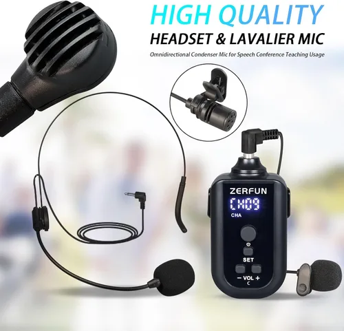 Vista 6 de Sistema de micrófono inalámbrico recargable profesional de 4 canales, auriculares de mano de metal UHF Lavalier con control VOL, frecuencia