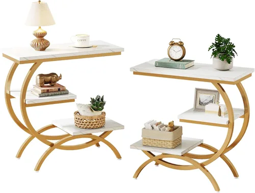 Vista 14 de Tribesigns Mesa Auxiliar en Forma de C, Mesa Auxiliar Industrial Pequeña de 3 Niveles para Sofá, Mesa de Noche de Madera Mesa Auxiliar de Aperitivos