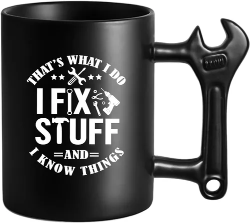 Vista 6 de LOZACHE Taza genial para papá - Si papá no puede arreglarlo... - Regalo original del día del padre - 350 ml - Taza negra con asa en forma de llave