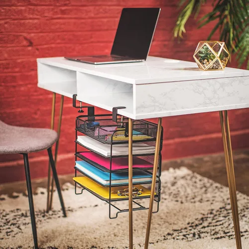 Vista 3 de Organizador de archivos de 5 niveles debajo del escritorio, organizador de archivos colgante con abrazadera, diseño de ahorro de espacio