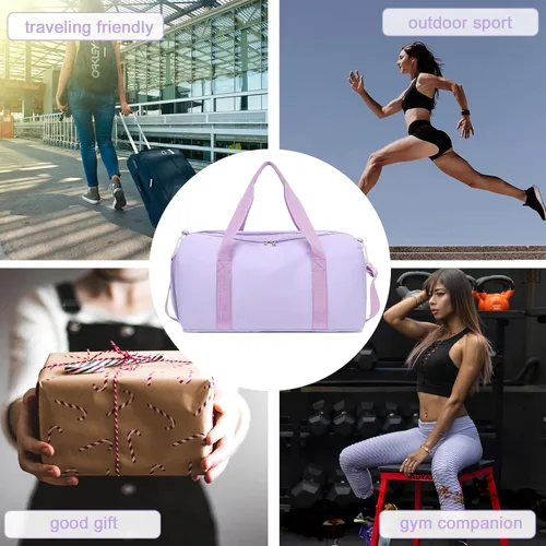 Vista 6 de Bolsa de viaje deportiva para gimnasio para hombres y mujeres con compartimento para zapatos, bolsillo húmedo, Púrpura (pure purple), Bolsa de lona