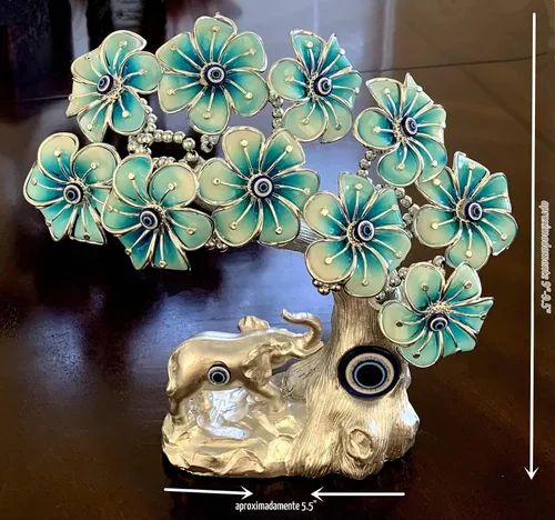Vista 5 de Betterdecor - Adorno azul de ojo turco turco Nazar Lucky Forutne árbol bonsái con elefante, decoración para el hogar y la oficina (plateado-azul)