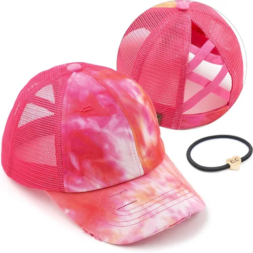 Vista 34 de C.C Gorra de béisbol de malla con diseño de estrella brillante, gorra de camionero ajustable para moño o cola de caballo Una banda elástica-negro