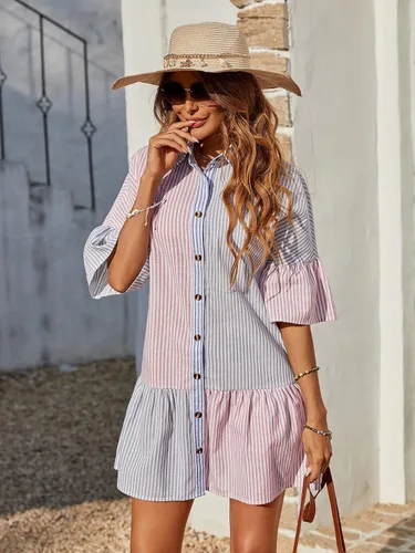 Vista 4 de WDIRARA Vestido corto a rayas con dobladillo de media manga y volantes para mujer