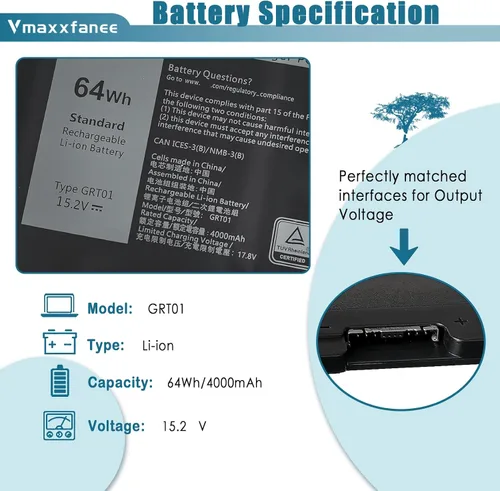 Vista 2 de Batería de repuesto GRT01 64Wh para Dell Latitude 5521 5531 5421 5431 Precision 3470 3561 3571 3581 Series Laptop 0P3TJ 00P3TJ 0R05P0 R05P0 05RGW