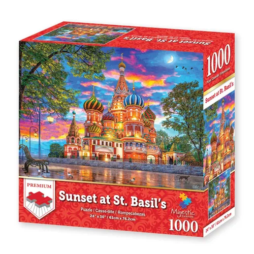 Vista 2 de Majestic by Springbok - Puesta de sol en Basilio - Rompecabezas de 1000 piezas con ilustración de la catedral de San Basilio al atardecer