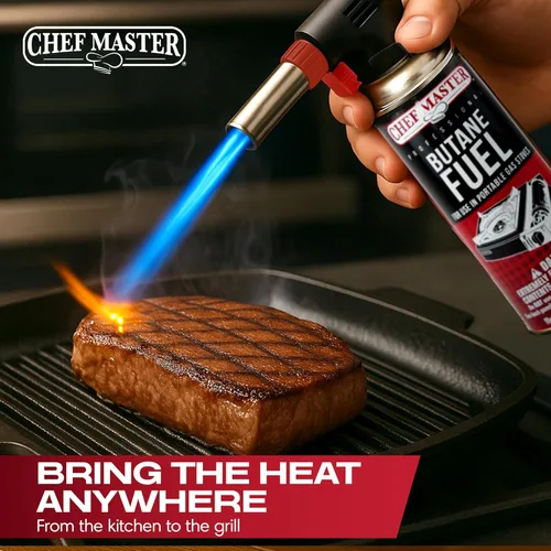 Vista 8 de Chef Master 90022 - Encendedor de butano con 4 botes de estaño de combustible de butano, antorcha de cocina recargable y antorcha de cocina
