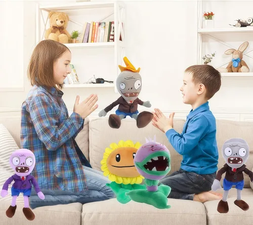 Vista 6 de JHESAO 6 piezas de plantas y zombis PVZ - Juego de plantas de peluche de juguete Peashooter Purple Gray Conehead Zombi, 1 2 muñecos de peluche