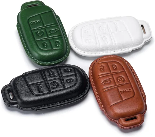 Vista 4 de Funda para llavero Jeep de piel auténtica con llavero, compatible con Grand Cherokee Renegade Wrangler Patriot Grand Commander Smart Key Anti-polvo